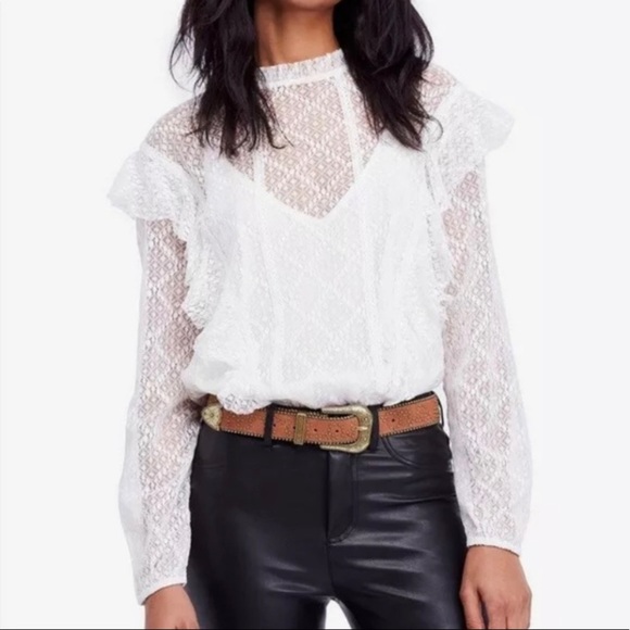 Free People Goldie Lace Long Sleeve Bodysuit High Neck Ruffles Victorian Style - Picture 1 of 9